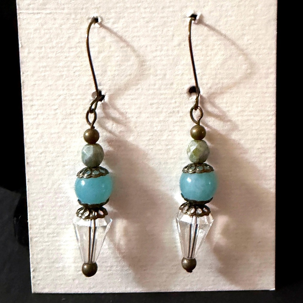 Blue Stone Crystal Drop Earrings Brass Boho Dangle Stephanie Aune Artist j3016‎